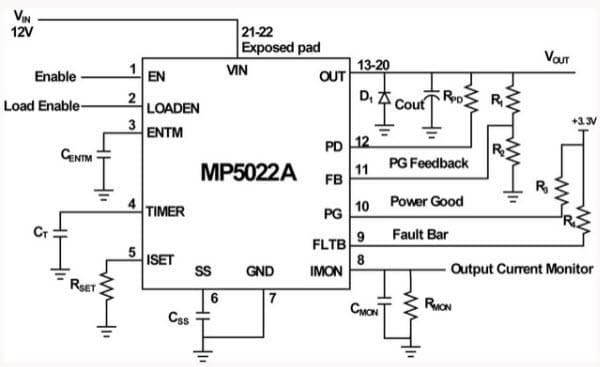 Application Circuit Diagram - Monolithic Power Systems (MPS) MP5022A 12V Hot Swap Voltage Controller