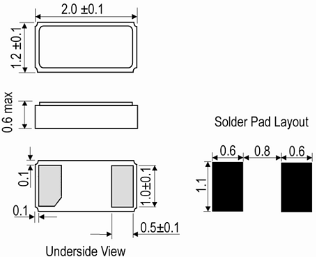 Mechanical Drawing - IQD IQXC-25 32.768kHz SMD Quartz Crystals