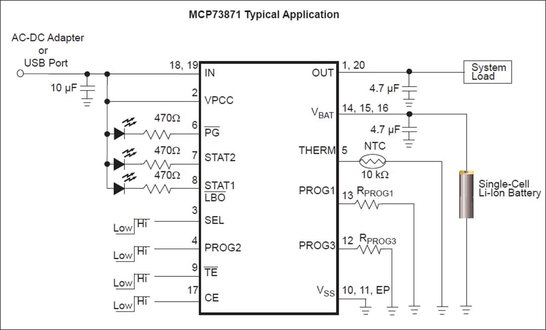 Application Circuit Diagram - Microchip Technology MCP73871 USB/AC Battery Charger