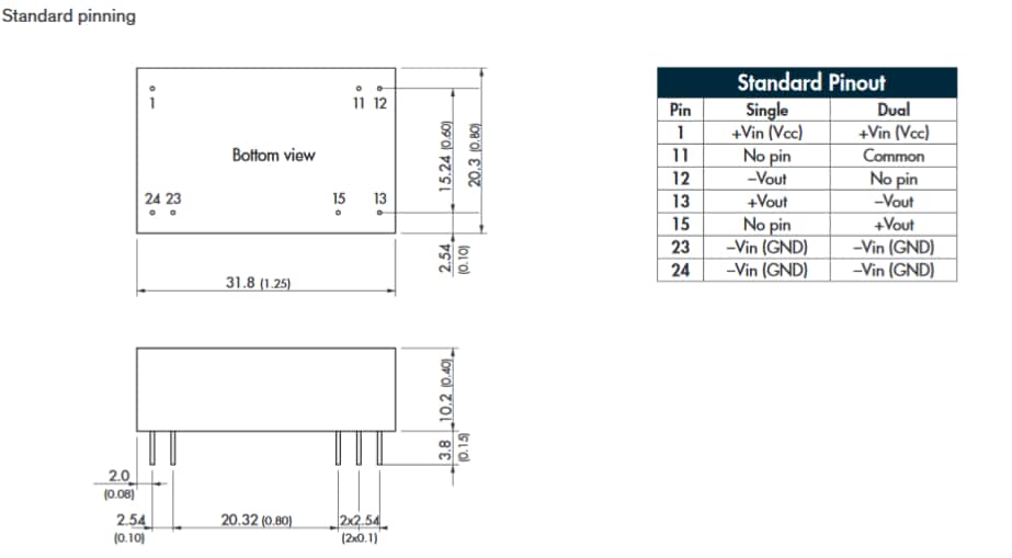 Mechanical Drawing - TRACO Power THM-6 Series 6W DC/DC Converters