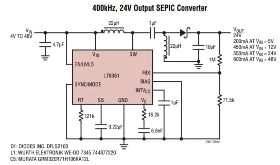 Application Circuit Diagram - Analog Devices Inc. LT8361 Boost/SEPIC/Inverting Converters