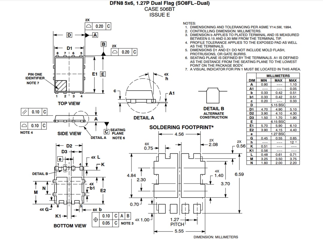 Mechanical Drawing - onsemi NVMFD6H852NL 80V 25A Automotive Power MOSFET