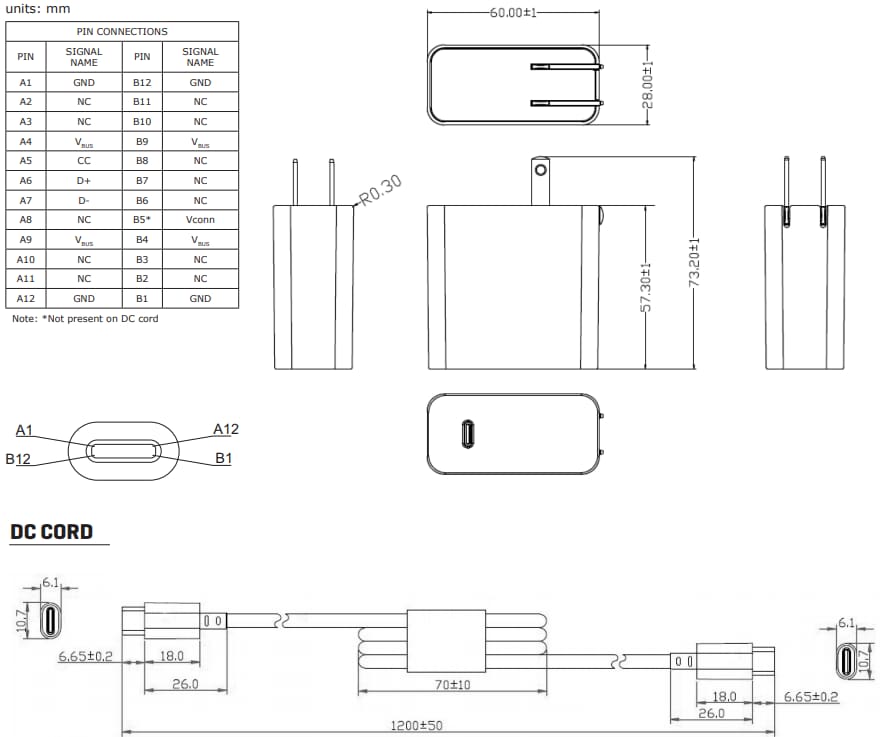 Mechanical Drawing - CUI Inc SWC45-N 45W Adapters with USB Type-C Connector