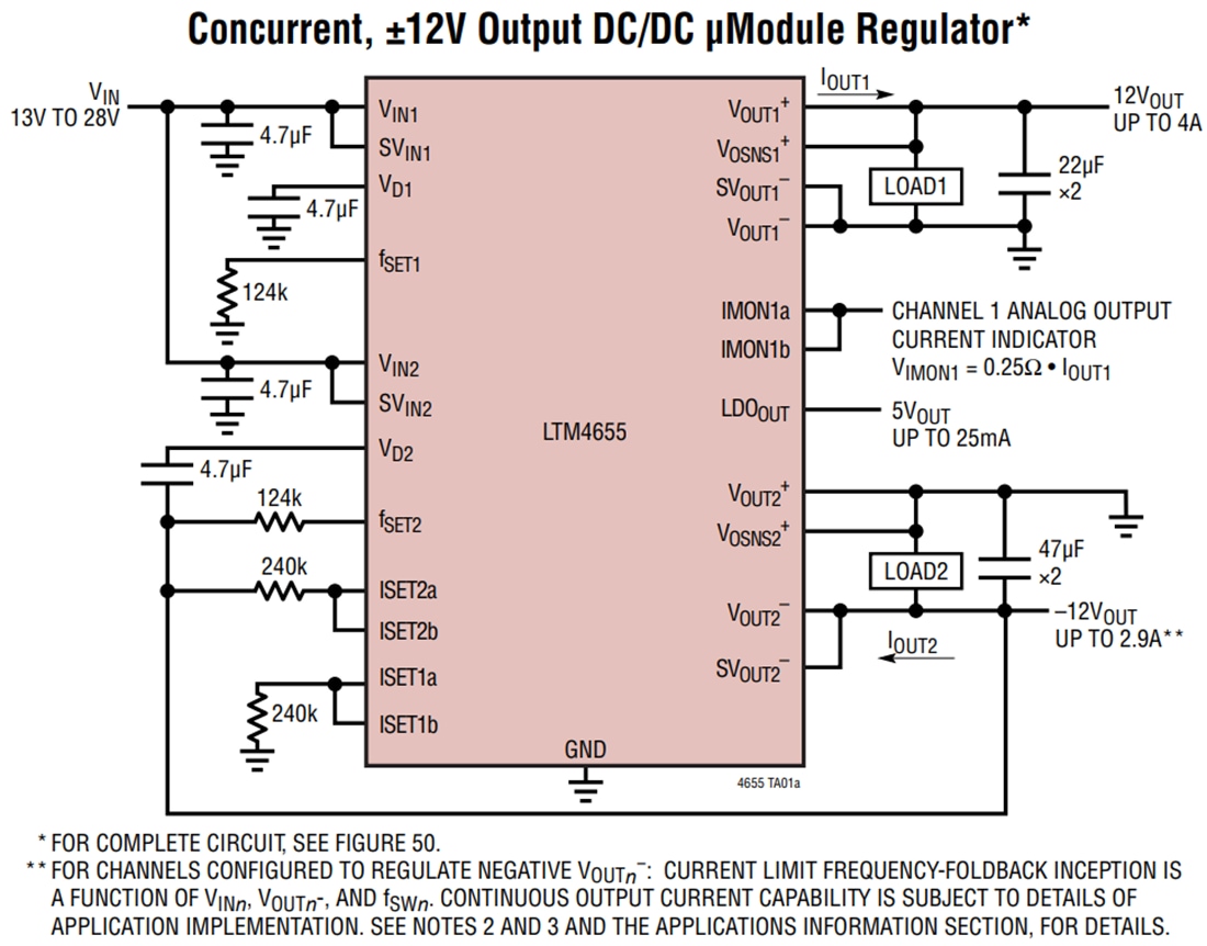 Application Circuit Diagram - Analog Devices Inc. LTM4655 Dual/Single Inverting μModule® Regulator