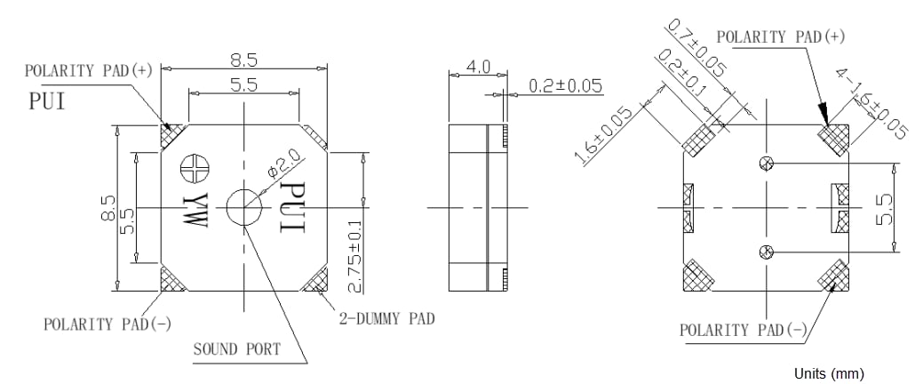 Mechanical Drawing - PUI Audio SMT-0840-T Surface-Mount Transducer