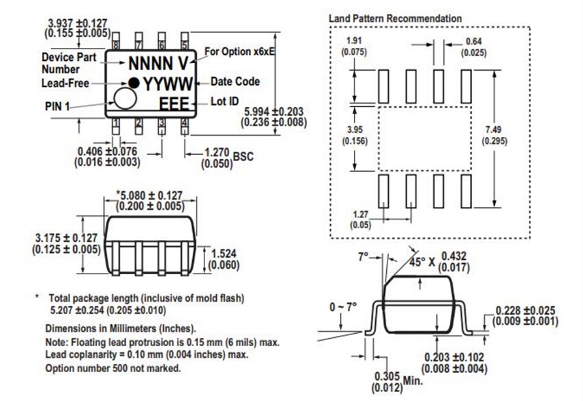 Mechanical Drawing - Broadcom ACPL-074N High-Speed Digital CMOS Optocouplers