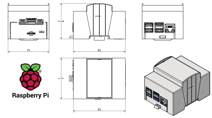 Mechanical Drawing - Industrial Shields GateBerry Raspberry Pi 4B Gateways