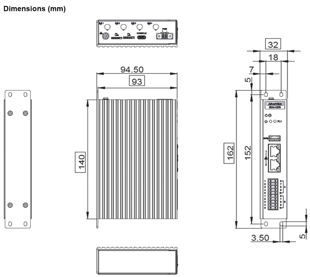 Mechanical Drawing - Advantech ECU-1270 Expandable Industrial IoT Gateways