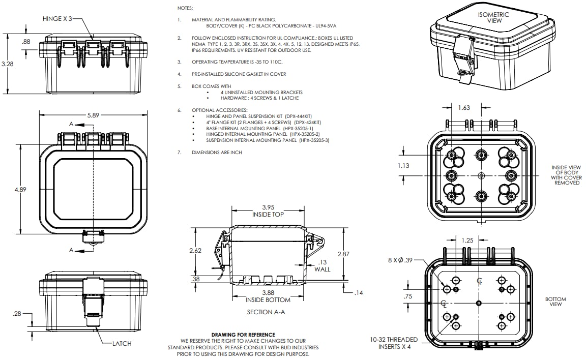 Mechanical Drawing - Bud Industries HPB Heavy-Duty NEMA 4X/IP66 Hinged PC Enclosure