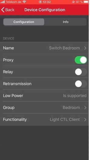 screen of provisioning and configuring a switch node on the Bluetooth mesh smartphone app