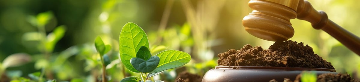 adalet ve otoritenin sembolü olan, kısmen zengin, koyu renkli toprağa batırılmış, canlı yeşil yapraklı genç bitkilerle çevrili tahta tokmağın yakın çekimi